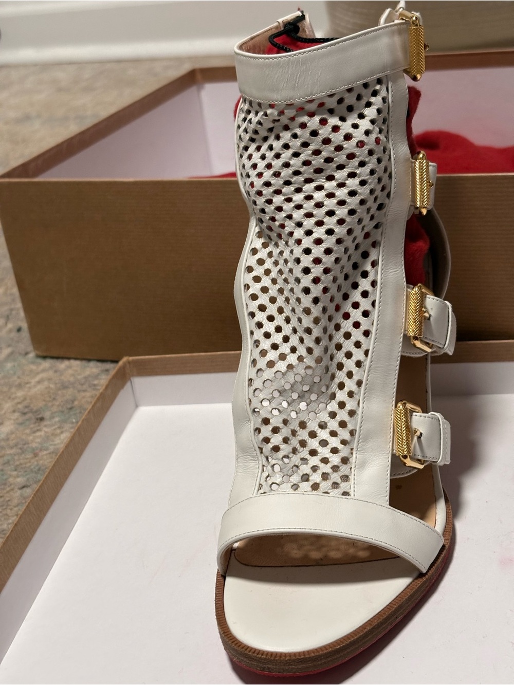 Christian Louboutin White Leather Buckle Sandal with Gold Heel - Picture 2 of 6